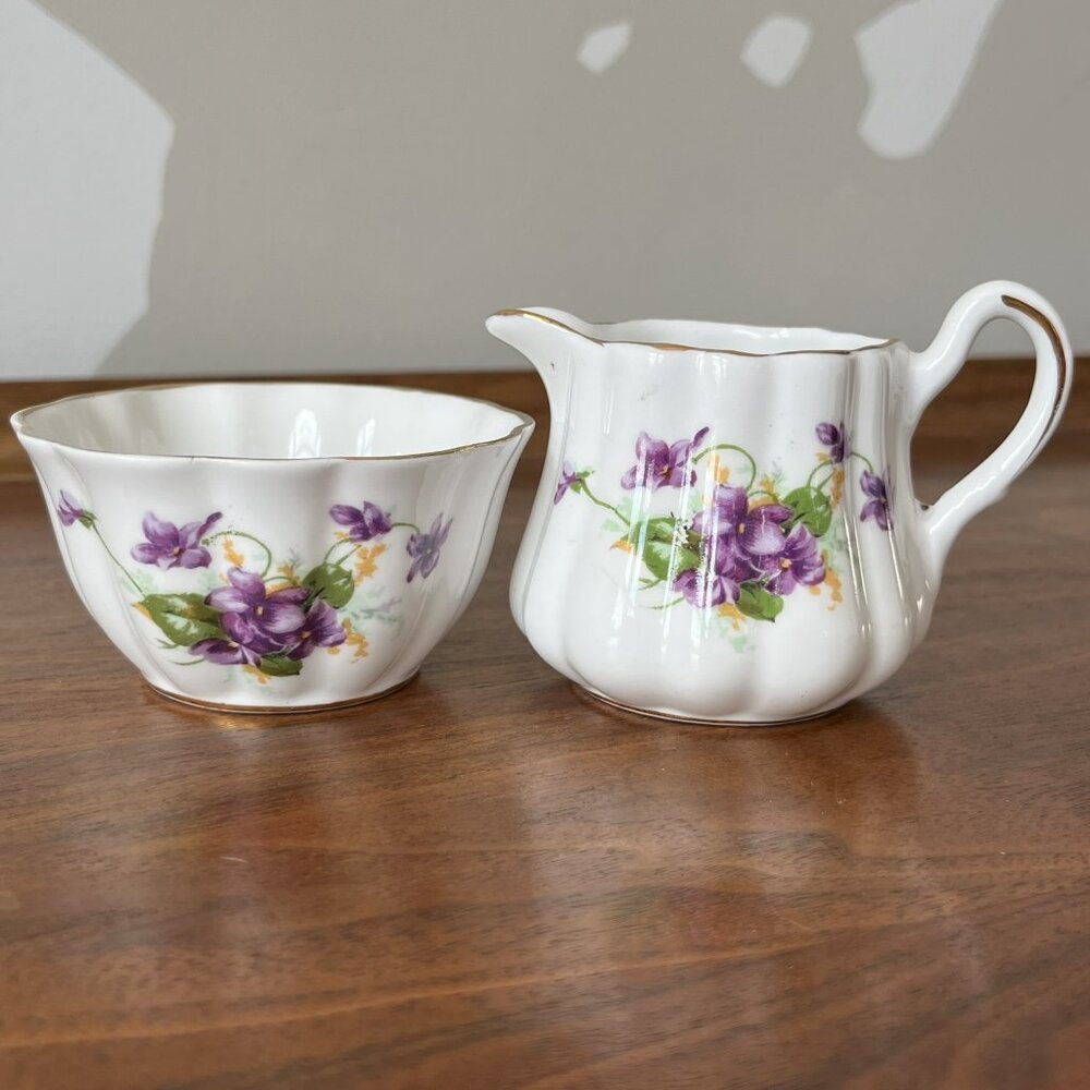 Royal Stuart Violets Creamer and Sugar Bowl Set England Bone China Stevenson